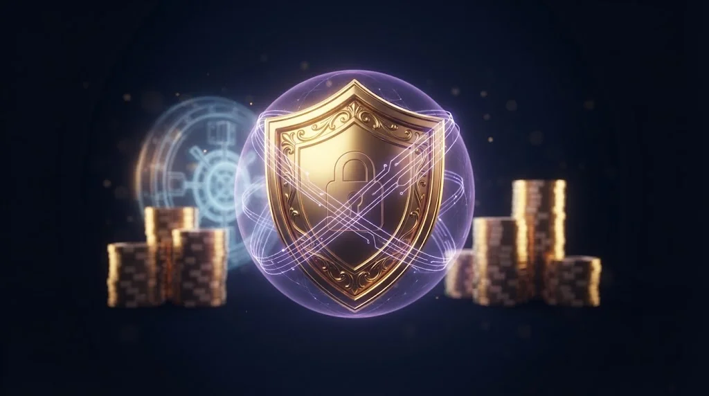 Gouden beveiligingsschild als symbool voor veilig spelen bij Dreamzino Casino